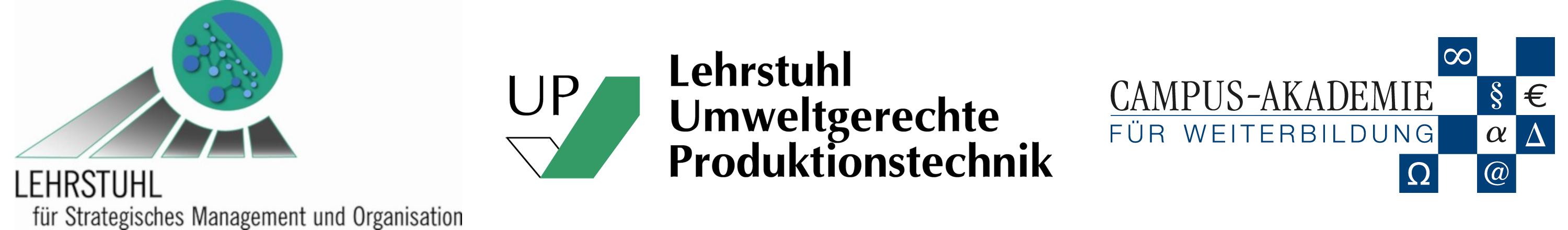 Logo Lehrstuhl für Strategisches Management und Organisation, Logo Lehrstuhl Umweltgerechte Produktionstechnik und Logo Campus Akademie Universität Bayreuth